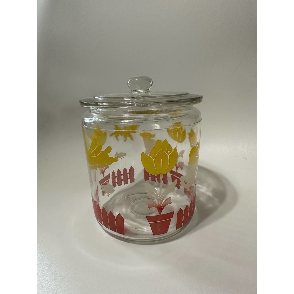 Vintage glass canister with lid tulips lamb ducks